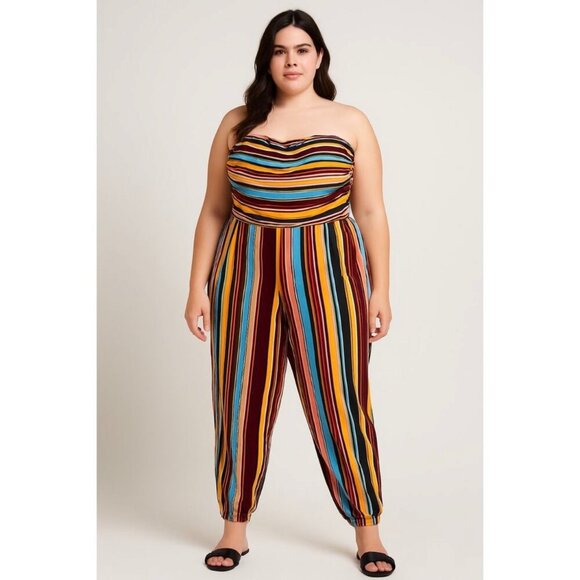 Full Circle Trends Pants - Plus Size 1X Strapless Striped Jumpsuit Boho Vacation Wide Leg Romper